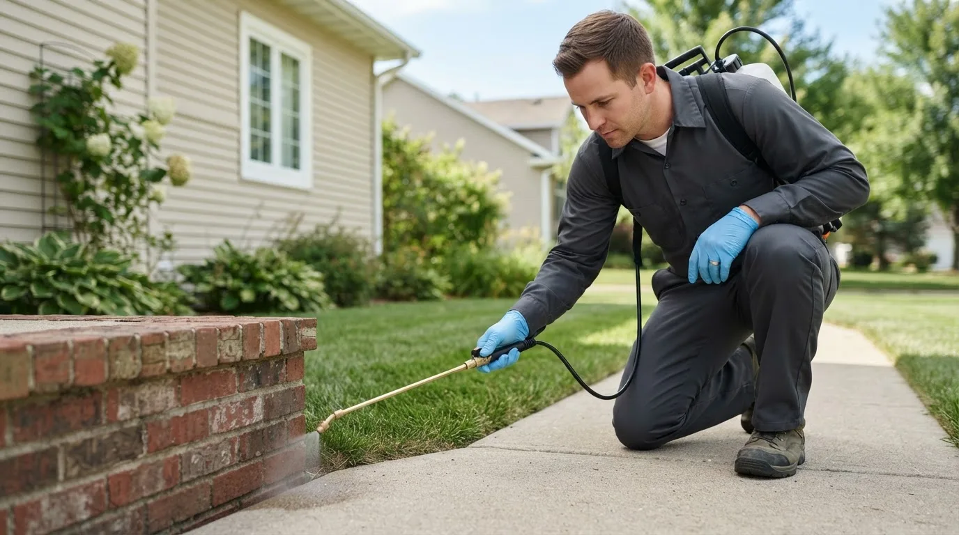 Pest control technician treating a home near Plain, WI